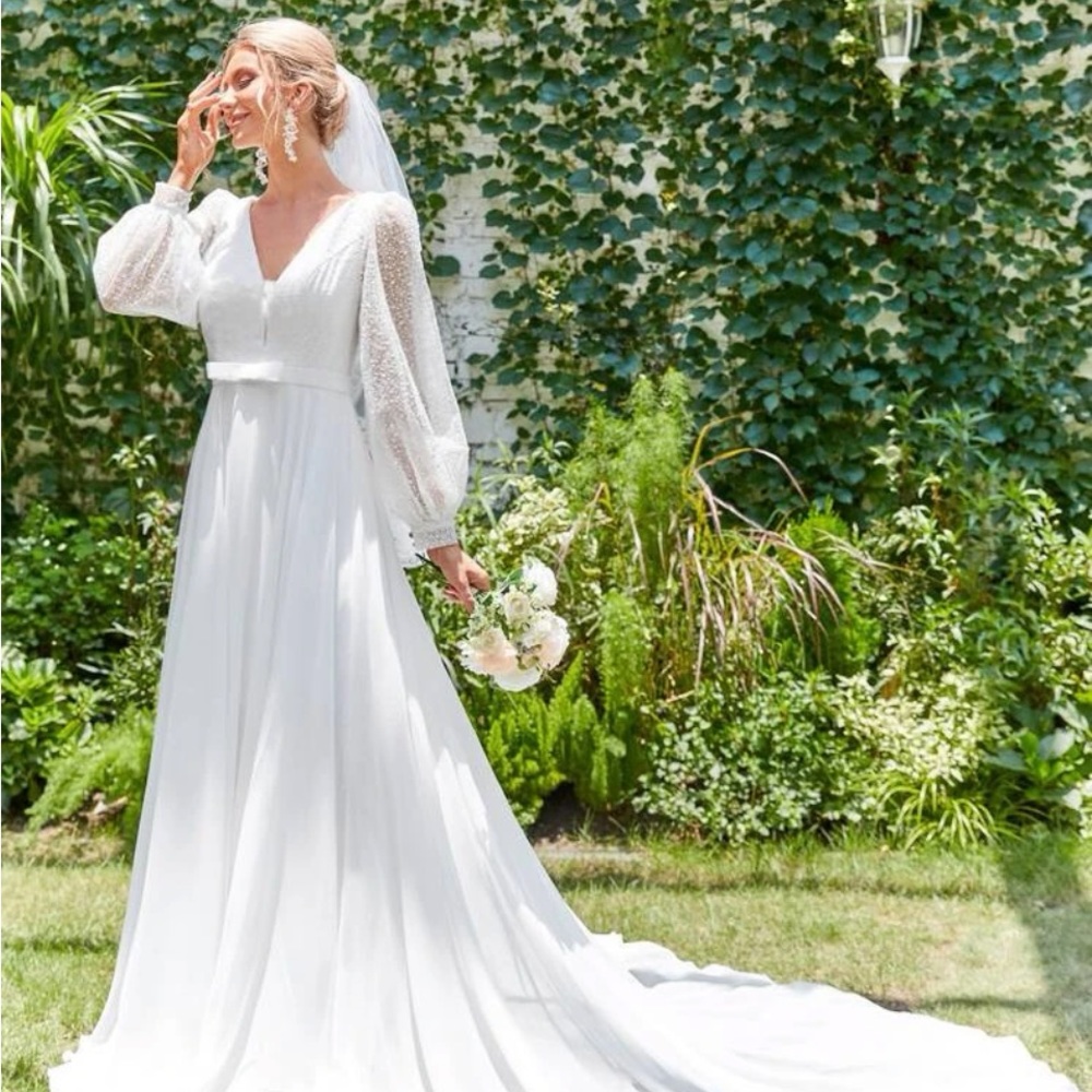 V-neck Lantern Sleeve Chiffon
Wedding Dress Without Veil / Brand New